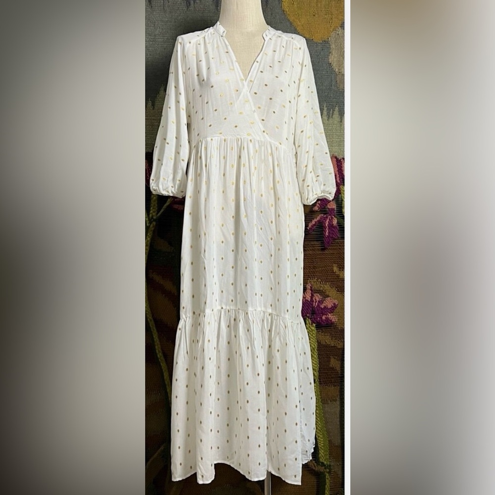 ANTHROPOLOGIE DRESSES AUGUSTINE TIRED MIDI MAXI WHITE WOMANS XS GOLD POLKA DOT